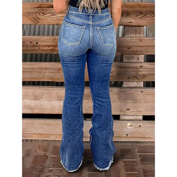 High Waisted Bootcut Jeans Women Stretchy Butt-Lifting Frayed Hem - Picture 3 of 5